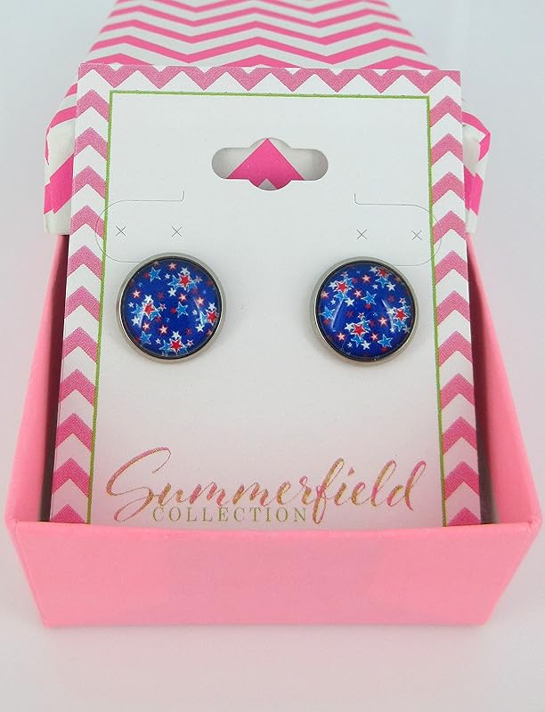 Stainless Steel Patriotic Stars Print Glass Stud Earrings 12mm (Royal Blue)
