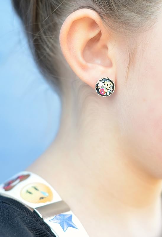 Summerfield Collection Silver-tone Emoji Glitter Glass Stud Earrings Black Pink Red Yellow Hand-painted