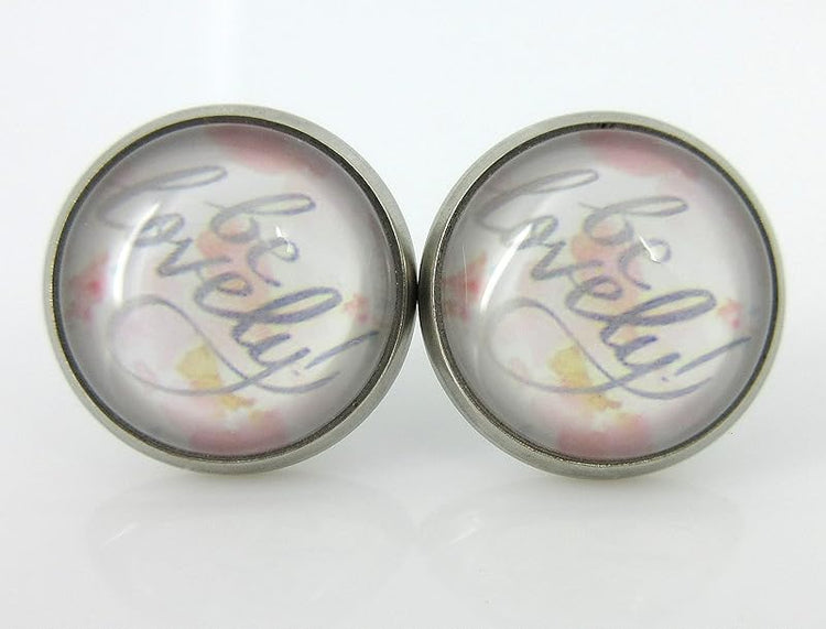 Summerfield Collection Stainless Steel Be Lovely Print Glass Stud Earrings 12mm