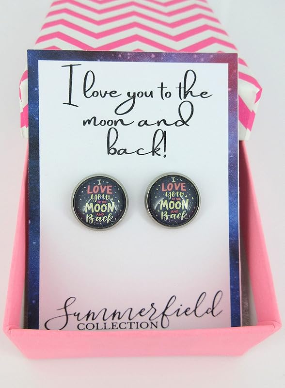 Summerfield Collection Stainless Steel I Love You to the Moon and Back Print Glass Stud Earrings 12mm (Stars)