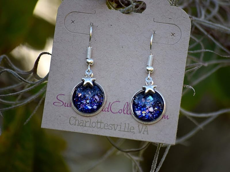 Summerfield Collection Silver-tone Star Gazer Glitter Glass Charm Galaxy Dangle Earrings Hand-painted