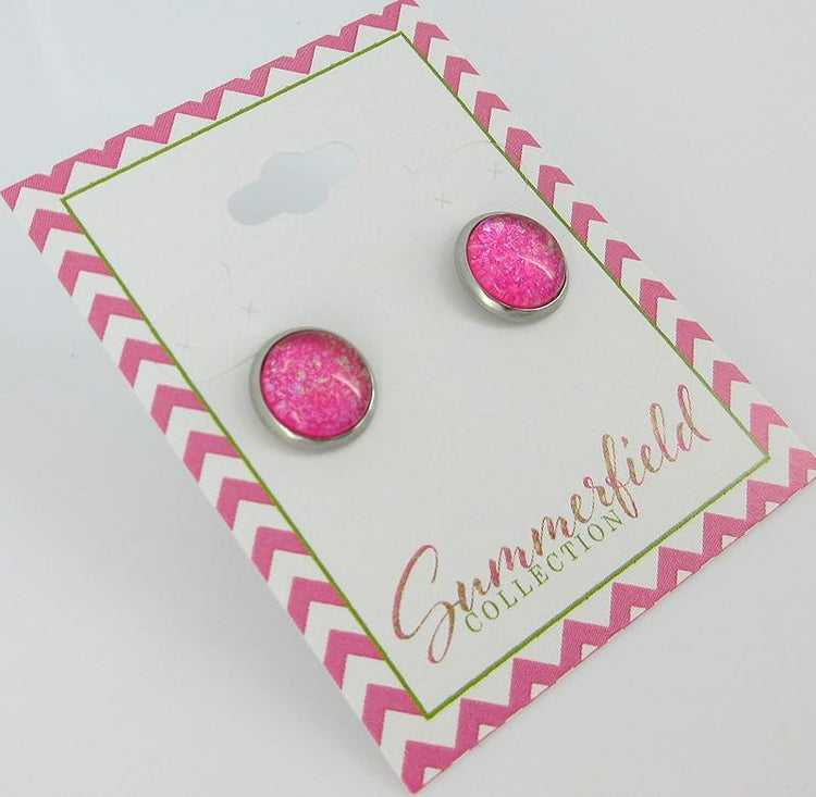 Summerfield Collection Stainless Steel Hot Pink and Iridescent Glitter Glass Stud Earrings Hand-painted 10mm
