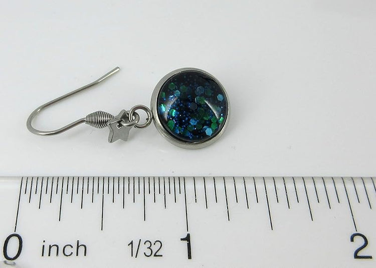 Summerfield Collection Stainless Steel Blue Green Glitter Glass Star Charm Galaxy Dangle Earrings Hand-painted