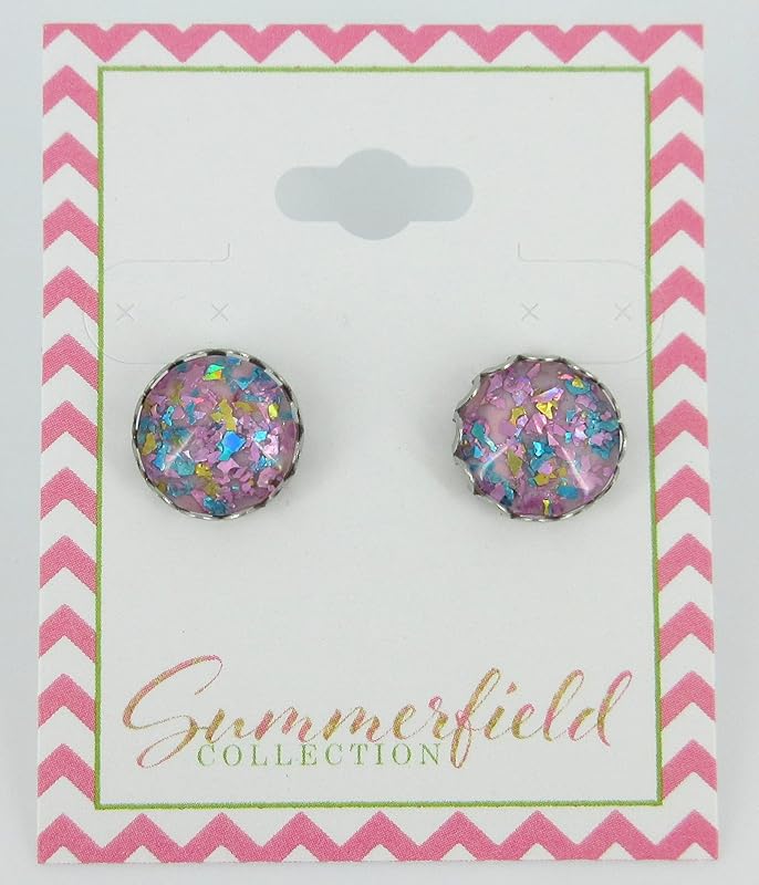 Summerfield Collection Stainless Steel Unicorn Shard Glitter Glass Stud Earrings Hand-painted 12mm