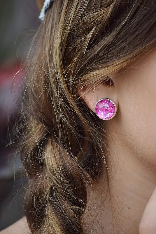 Summerfield Collection Silver-tone Fuchsia Pink and Purple Glitter Glass Stud Earrings Hand-painted 12mm