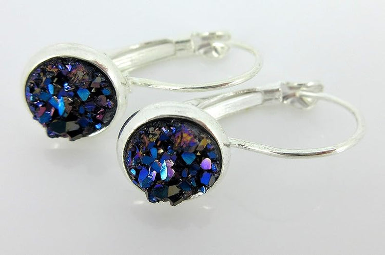 Summerfield Collection Silver-tone Faux Druzy Stone Lever-back Drop Earrings 8mm (Purple/Blue)