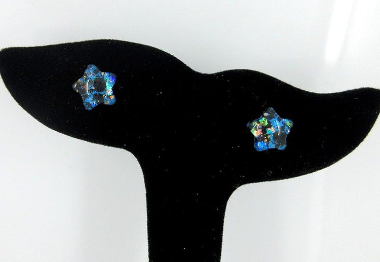 Summerfield Collection Aqua Blue and Black Star Shaped Glitter Glass Galaxy Stud Earrings 10mm Hand-painted