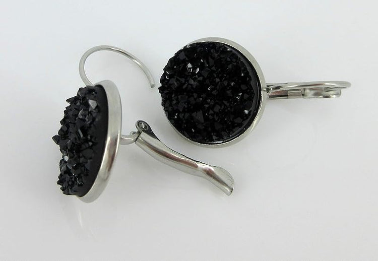 Summerfield Collection Stainless Steel Faux Druzy Stone Lever-back Drop Earrings 14mm (Black)
