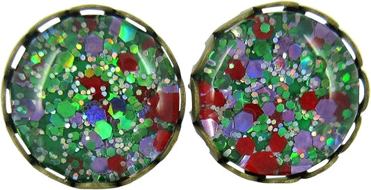 Summerfield Collection Antiqued Gold-tone Green Purple Red Glitter Glass Stud Earrings Hand-painted 10mm