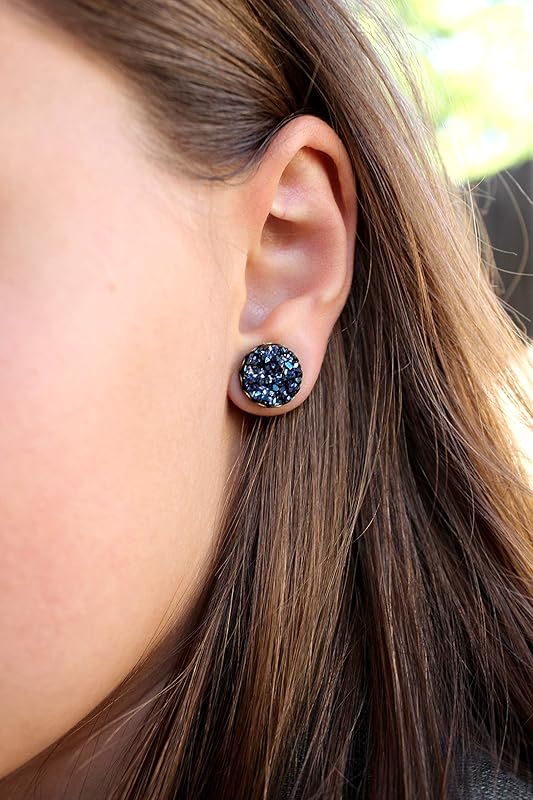Summerfield Collection Antiqued Gold-tone Faux Druzy Stone Stud Earrings 12mm (Dark Metallic Blue)