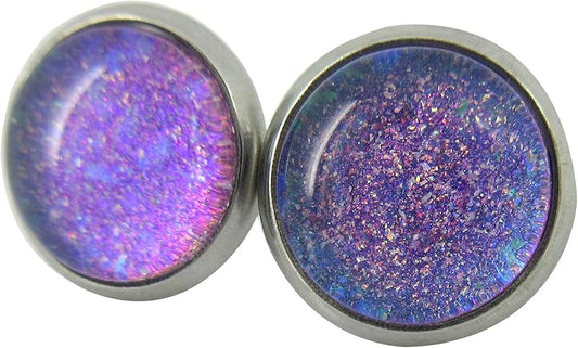 Summerfield Collection Stainless Steel Blue Purple Glitter Glass Stud Earrings Hand-painted 10mm