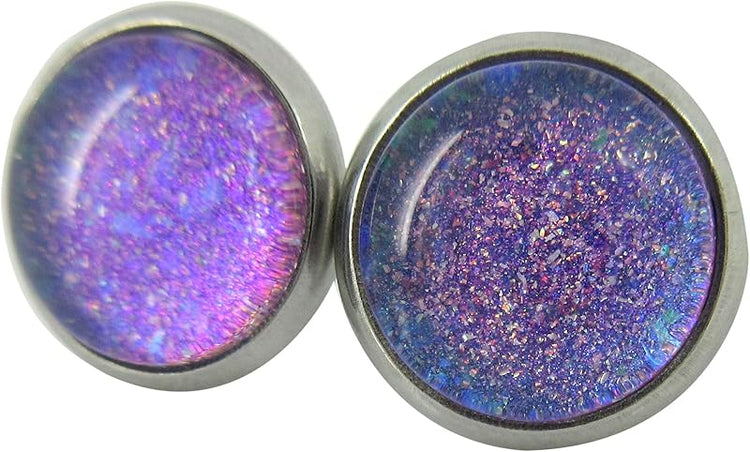 Summerfield Collection Stainless Steel Blue Purple Glitter Glass Stud Earrings Hand-painted 10mm