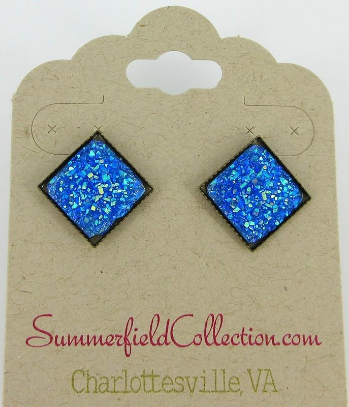 Summerfield Collection Geometric Square Shaped Flat Faux Druzy Stud Earrings 12mm Statement Antiqued Gold-tone (Royal Blue)