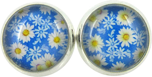 Summerfield Collection Silver-tone Daisy Flower Print Glass Stud Earrings 10mm