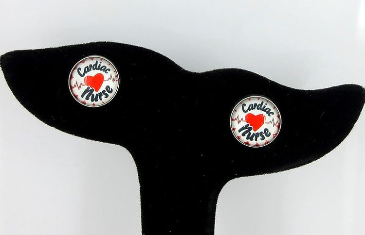 Summerfield Collection Stainless Steel Cardiac Nurse Print Glass Stud Earrings 12mm White Black Red