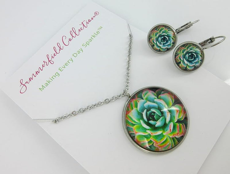 Summerfield Collection Stainless Steel Succulent Printed Glass Necklace Drop Earrings Set (Green/Yellow/Red)