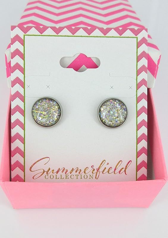 Summerfield Collection Stainless Steel Metallic Silver and Gold Glitter Glass Stud Earrings Hand-painted 10mm