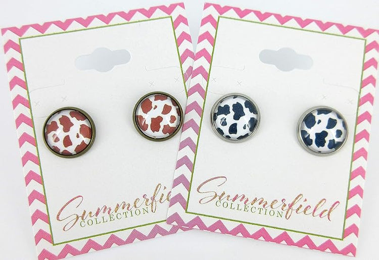 Summerfield Collection Antiqued Gold-tone Brown Cow Animal Print Glass Stud Earrings 12mm