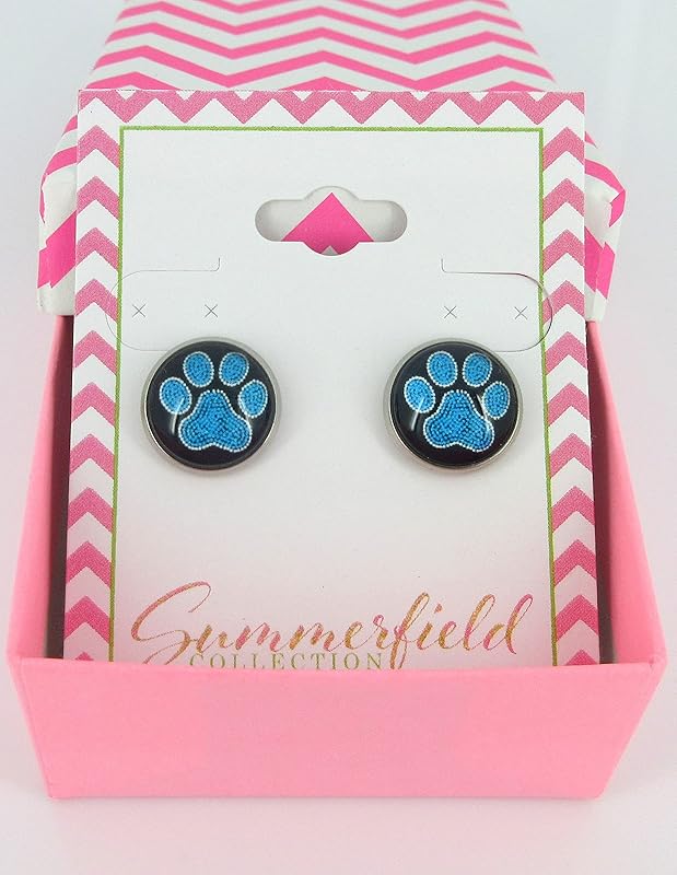 Summerfield Collection Stainless Steel Paw Print Glass Stud Earrings 12mm (Aqua)