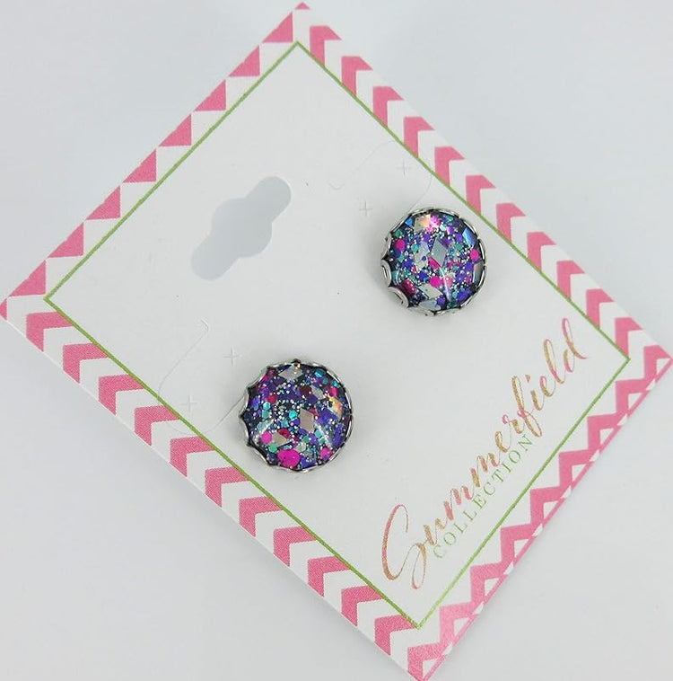 Summerfield Collection Stainless Steel Aqua Blue Pink and Purple Glitter Glass Stud Earrings Hand-painted 12mm