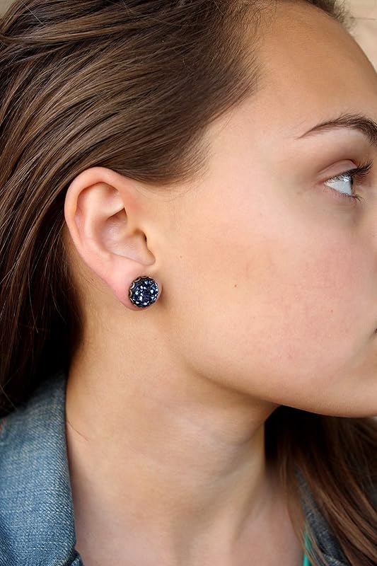 Summerfield Collection Antiqued Gold-tone Faux Druzy Stone Stud Earrings 12mm (Dark Metallic Blue)