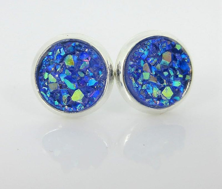 Summerfield Collection Duo Silver-tone Faux Druzy Stone Stud Earrings 8mm Set (Pink AB/Purple)
