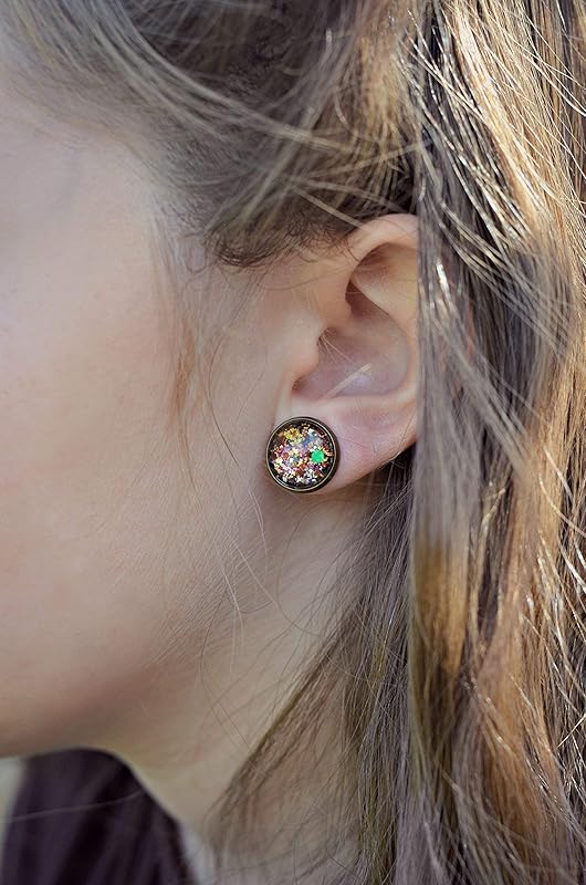 Summerfield Collection Antiqued Gold-Tone Brown Green Black Glitter Glass Stud Earrings 1/2" Round