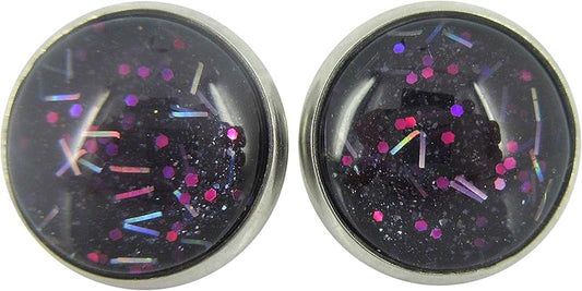 Summerfield Collection Stainless Steel Navy Blue and Pink Glitter Glass Stud Earrings Hand-painted 12mm