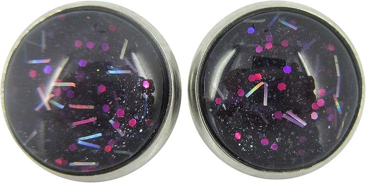 Summerfield Collection Stainless Steel Navy Blue and Pink Glitter Glass Stud Earrings Hand-painted 12mm