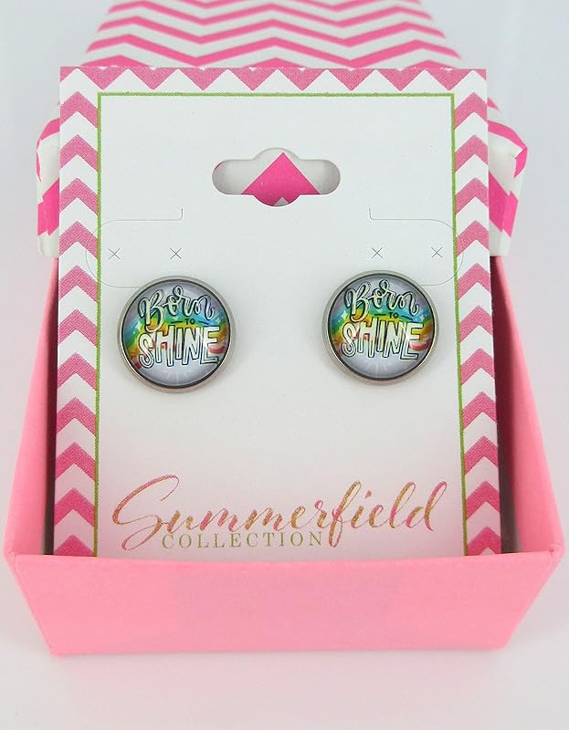 Summerfield Collection Stainless Steel Born to Shine Rainbow Print Glass Stud Earrings 12mm