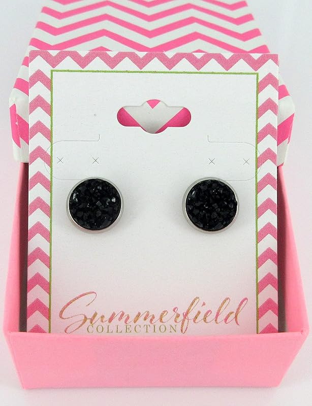 Summerfield Collection Stainless Steel Matte Faux Druzy Stone Stud Earrings 10mm (Black)