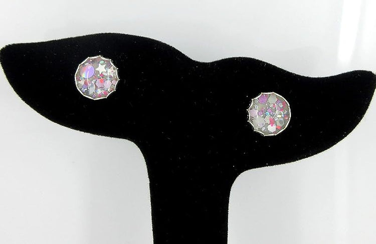 Summerfield Collection Silver-tone Gray Pink and White Glitter Glass Stud Earrings Hand-painted 10mm