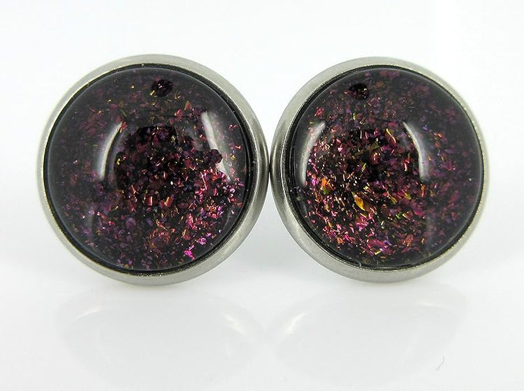 Summerfield Collection Stainless Steel Black Rainbow Duochrome Glitter Glass Galaxy Stud Earrings 12"