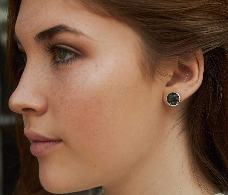 Summerfield Collection Silver-tone Black Galaxy Glitter Glass Stud Earrings Hand-painted 10mm