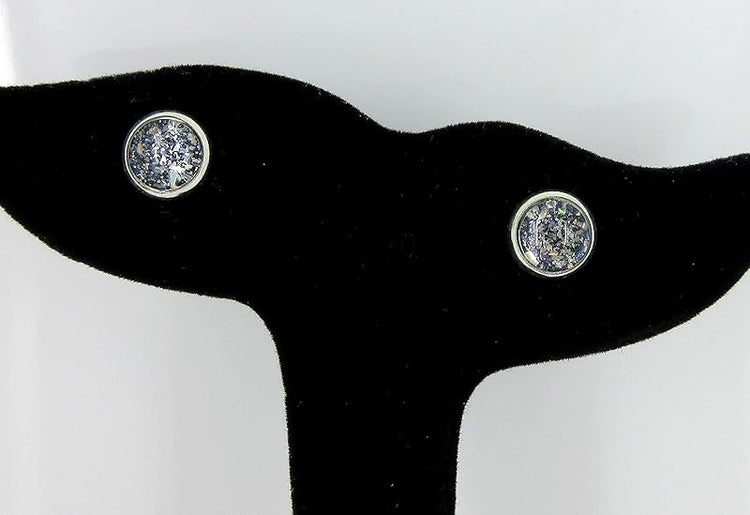 Summerfield Collection Silver-tone Black and Silver Flake Glitter Glass Stud Earrings Hand-painted 8mm