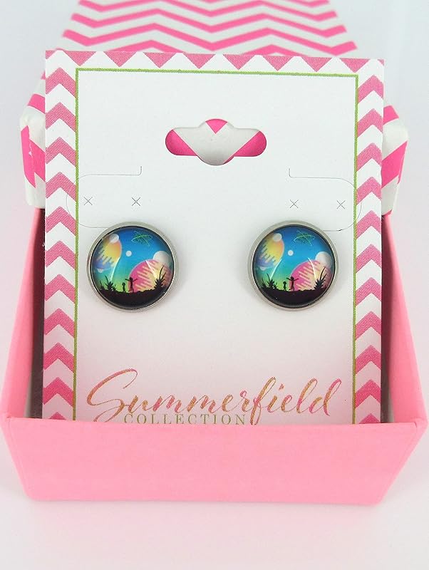 Summerfield Collection Stainless Steel Night Sky Planet Alien UFO Scene Print Glass Stud Earrings 12mm