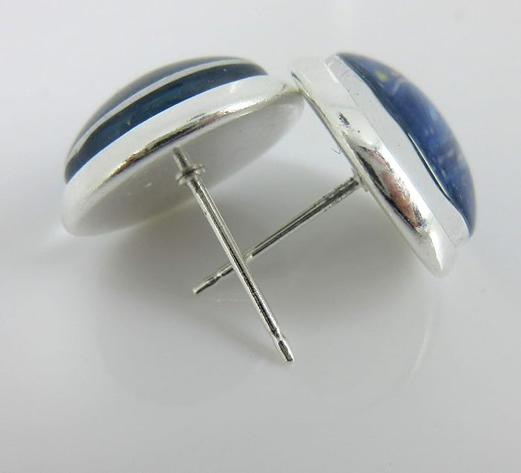 Summerfield Collection Trio Silver-tone Stud Earrings Blue Yellow and Black Confetti Glitter Glass Set 12mm Hand-painted