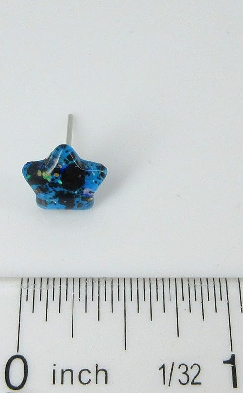 Summerfield Collection Aqua Blue and Black Star Shaped Glitter Glass Galaxy Stud Earrings 10mm Hand-painted