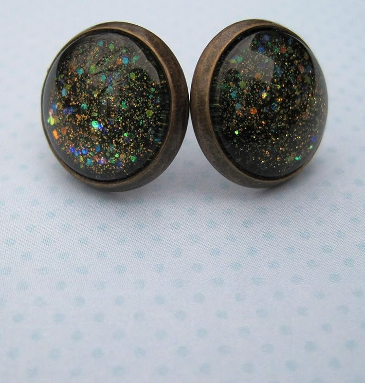 Summerfield Collection Antiqued Gold-tone Black Glitter Glass Galaxy Stud Earrings 12mm Hand-painted