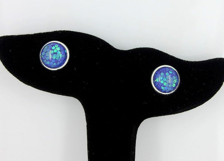 Summerfield Collection Shiny Silver-tone Iridescent Glitter Resin Stud Earrings 10mm (Purple)