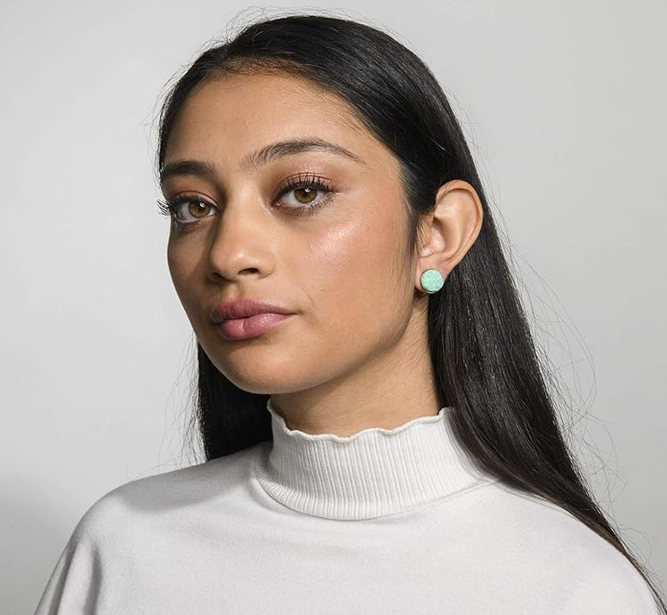 Summerfield Collection Duo Stud Earrings Stainless Steel Sweet Mint Green Faux Druzy Stone and Flamingo Print Glass 12mm Set
