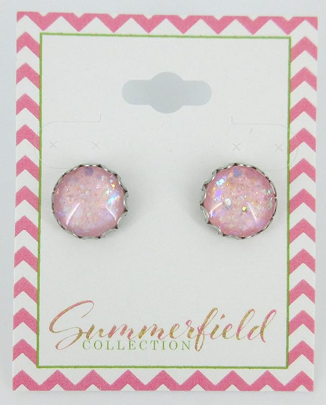 Summerfield Collection Stainless Steel Light Pink Iridescent Glitter Glass Stud Earrings Hand-painted 12mm