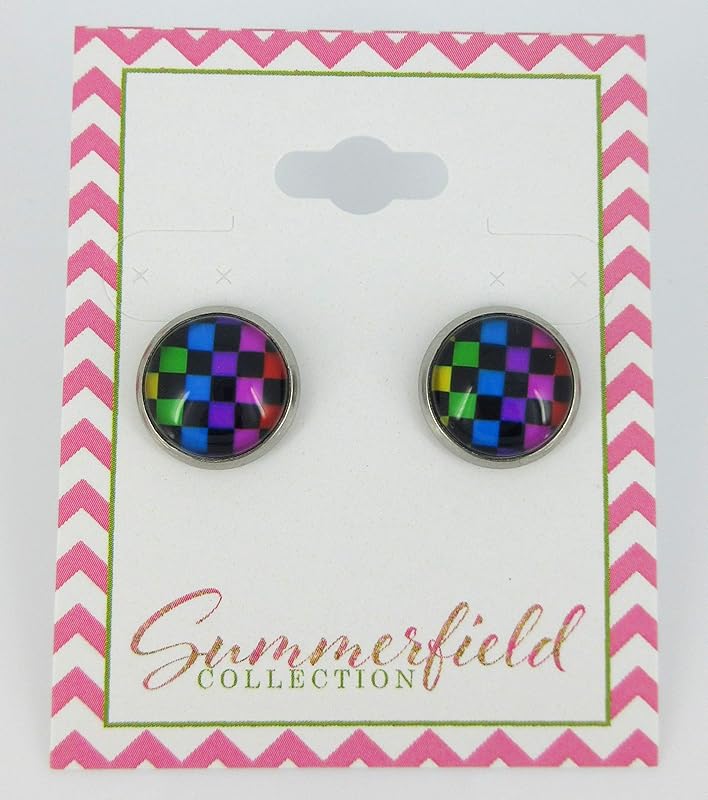 Summerfield Collection Stainless Steel Checkerboard Print Glass Stud Earrings 12mm (Rainbow)