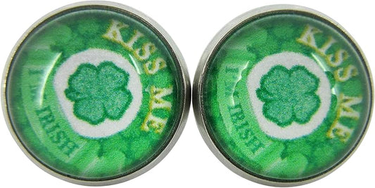 Summerfield Collection Stainless Steel Kiss Me I'm Irish Print Glass Stud Earrings 12mm