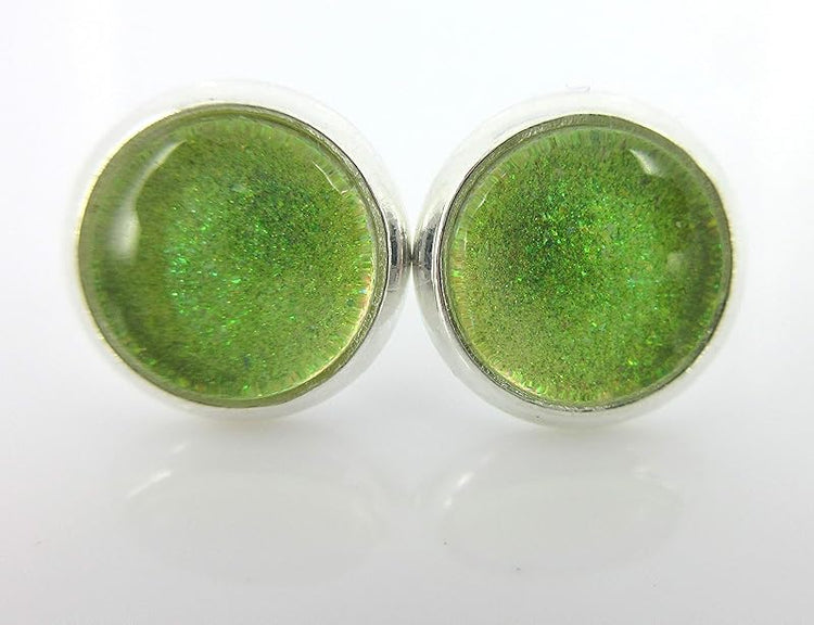 Summerfield Collection Silver-tone Lime Green Color Shift Glitter Glass Stud Earrings Hand-painted 8mm