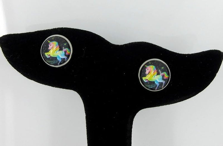 Summerfield Collection Stainless Steel Rainbow Unicorn Black Print Glass Stud Earrings 12mm