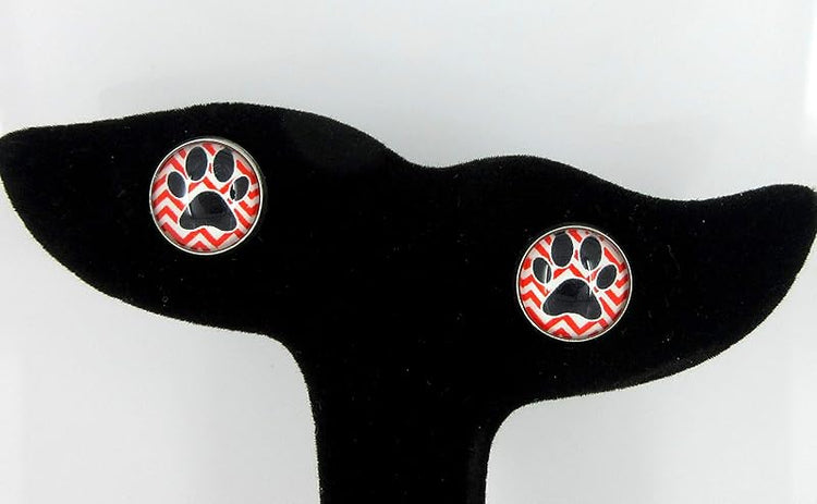 Summerfield Collection Stainless Steel Chevron and Black Paw Print Glass Stud Earrings 12mm (Red)