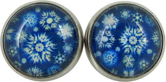 Summerfield Collection Stainless Steel Snowflake Print Glass Stud Earrings 12mm