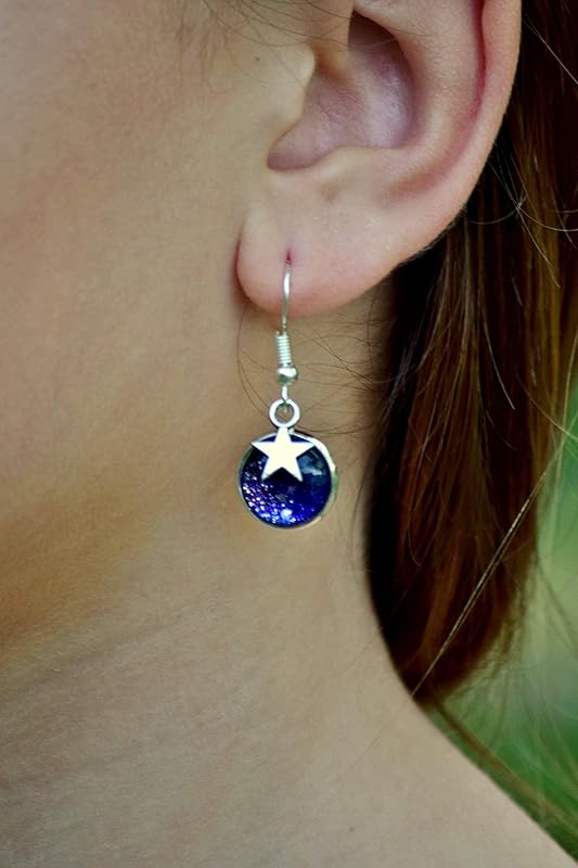 Summerfield Collection Silver-tone Glitter Glass Star Charm Galaxy Dangle Earrings Blue Purple Teal Hand-painted