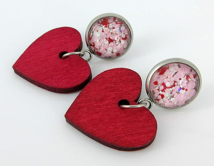 Summerfield Collection Stainless Steel Pink White Glitter Glass Red Heart Wood Drop Earrings